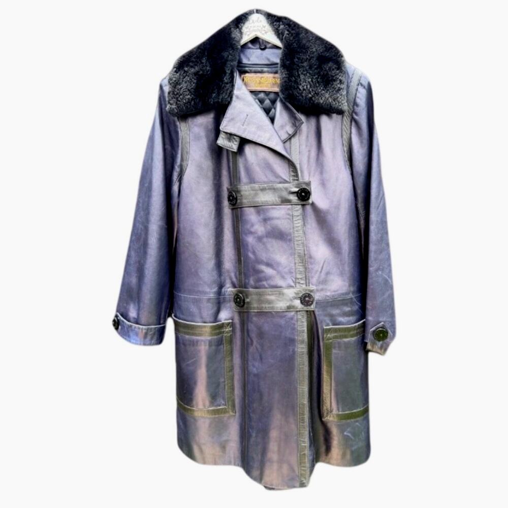 Yves Saint Laurent Fourrures Blue Leather Trench Coat Jacket Multi Season XXL